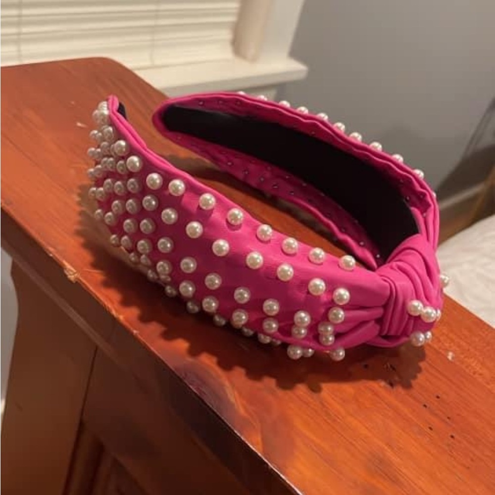 NEW hot pink leather pearl headband